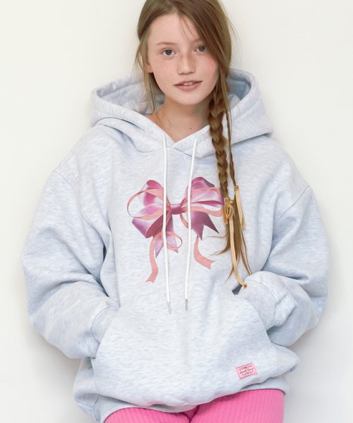 Double Ribbon Oversized Hoodie White Melange