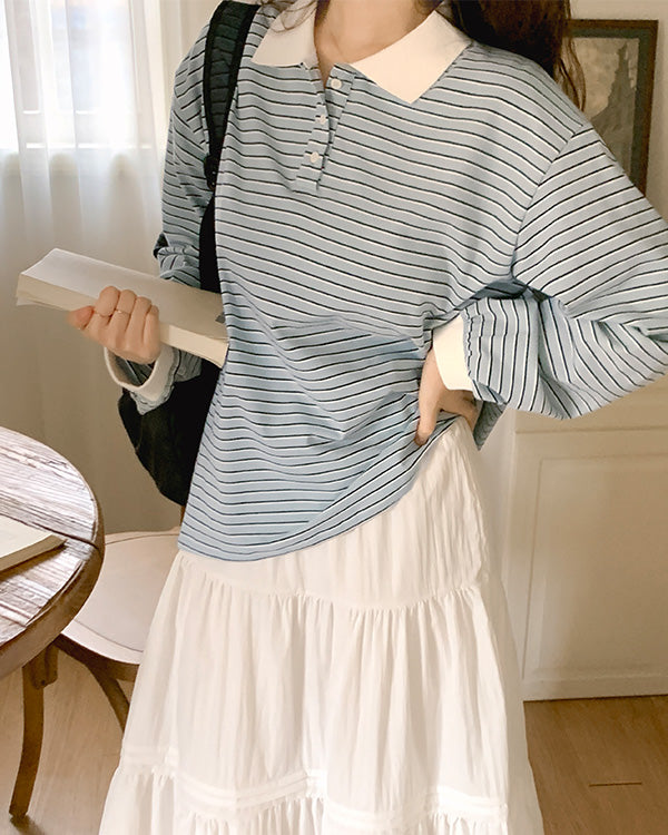 Gracemuse [Free Shipping] [Inquiry Surge!] Mid Rugby Spring Stripe Collar T-shirt