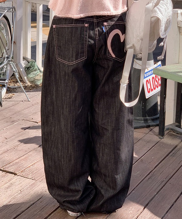 Shopperland [OOT] Pink Heart Stitch Nonfaded Denim Wide Pants