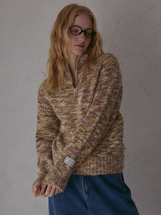 marbling wool half-zip pullover-brown