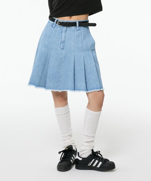 [8215] Denim Midi Pleated Skirt (Light Blue)