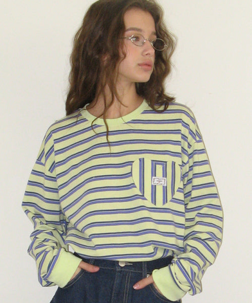 론론(RONRON)  MULTI STRIPE HEART POCKET OVER FIT LONG SLEEVE T SHIRT YELLOW - 사이즈 & 후기 | 무신사