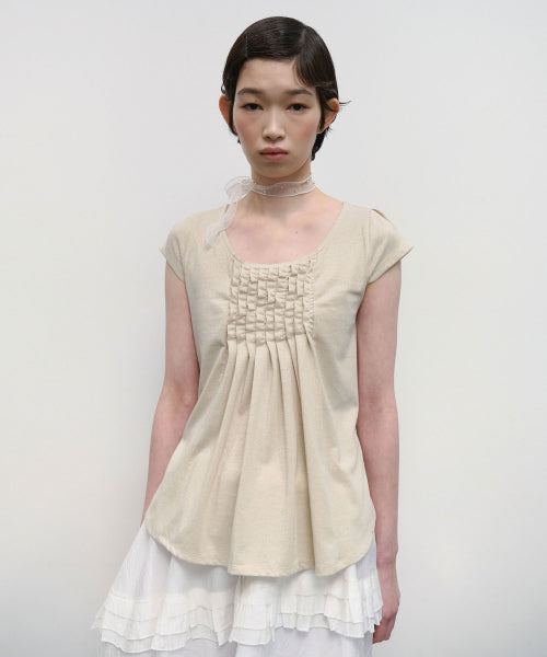 Ruffled Sleeve Cut Out Top [Beige]