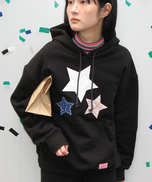 Star Patch Mixed Applique Hoodie Black