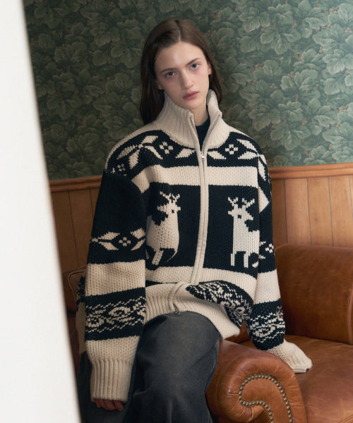 Nordic Knit Zip-Up [CREAM/BK]