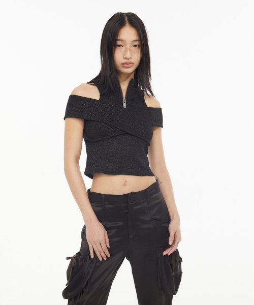 京ハーフネッククロスカットアウトTシャツ ブラック