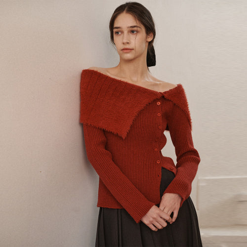 Mix Uneven Off Cardigan - Wine