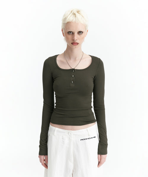 Square Neck Nickel Button Top - Khaki