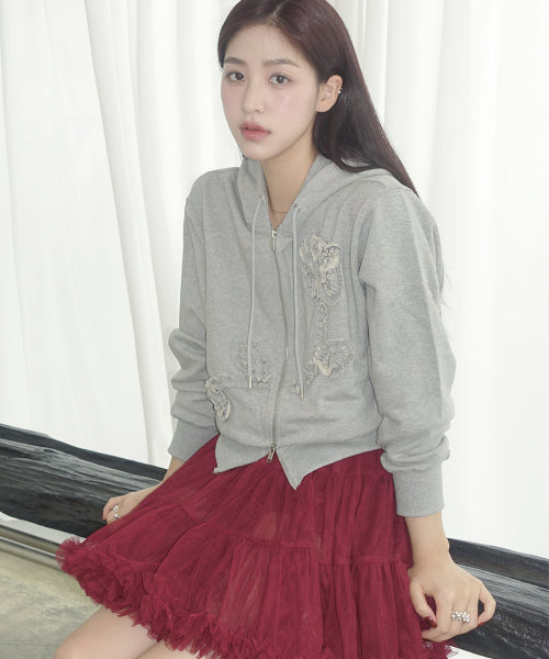 Rose Frill Hoodie Zip-up (Melange Grey)