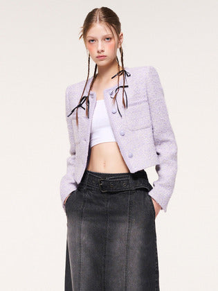 Light Lavender Round Trimmed Tweed Jacket