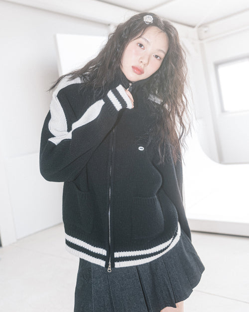 Wool Varsity Knit Zip-Up Jacket (Black)