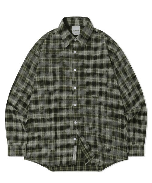 Oversized Damaged Washed Check Shirt-Khaki