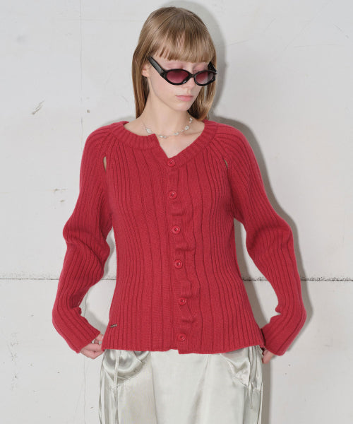 Asymmetry Slit Knit Cardigan [Red]