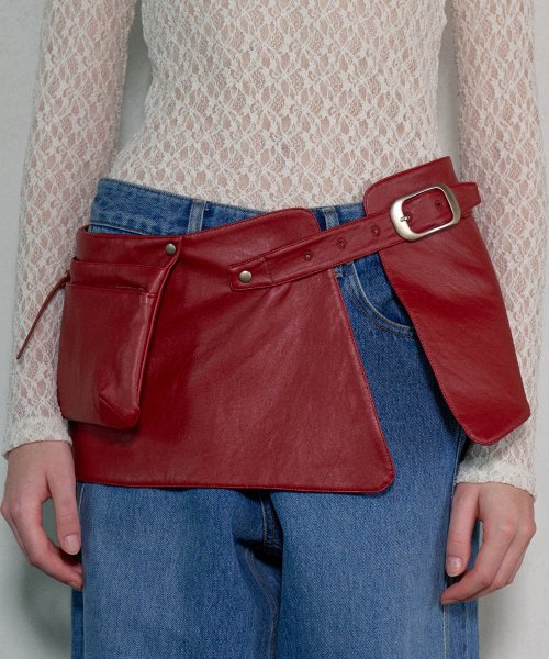 Faux Leather Pocket Belt Skirt - Red