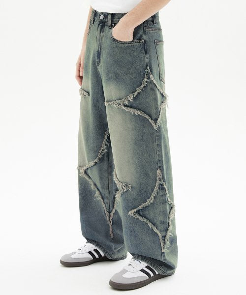 Star Appliqu챕 Distressed Denim Pants (Beige Blue)
