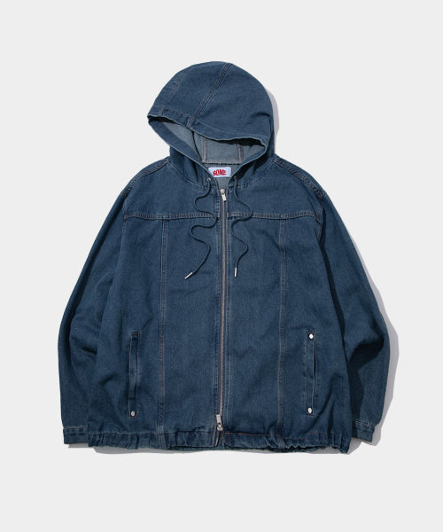 Denim Vintage Hood String Two-Way Zip-Up Jacket Jumper [Dark Blue]