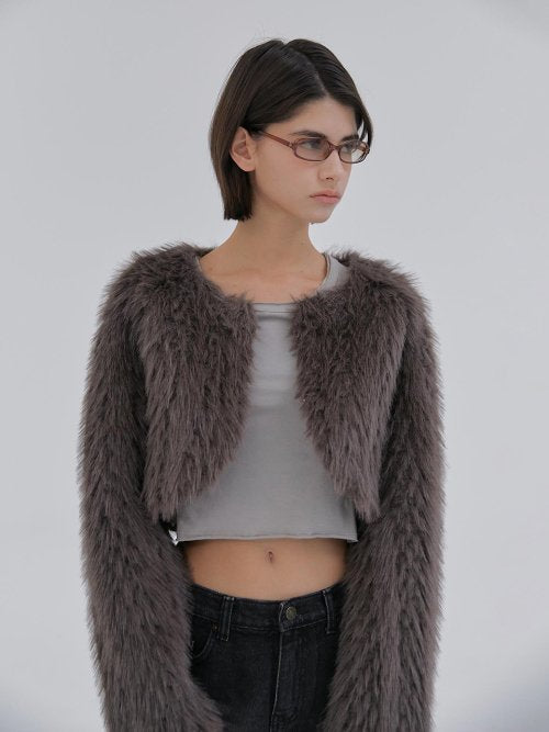 Cropped Faux Fur Mustang Jacket (Brown)