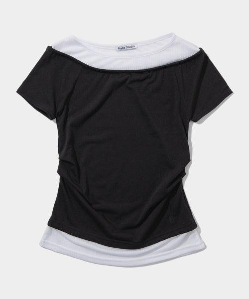 See-through double-layered pintuck slim-fit short-sleeve T-shirt [Black]