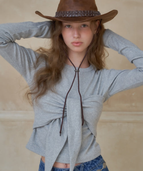 Knot Bustier Ribbon Long Sleeve T-Shirt Grey