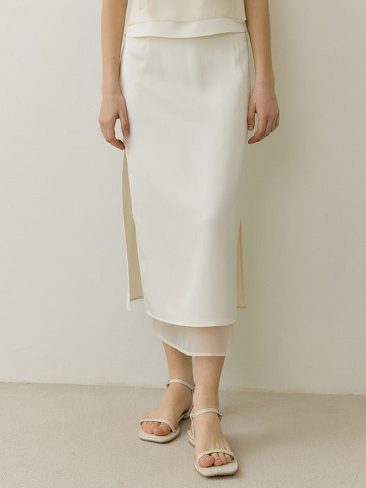 PETAL LAYERED LONG SKIRT CREAM SILK