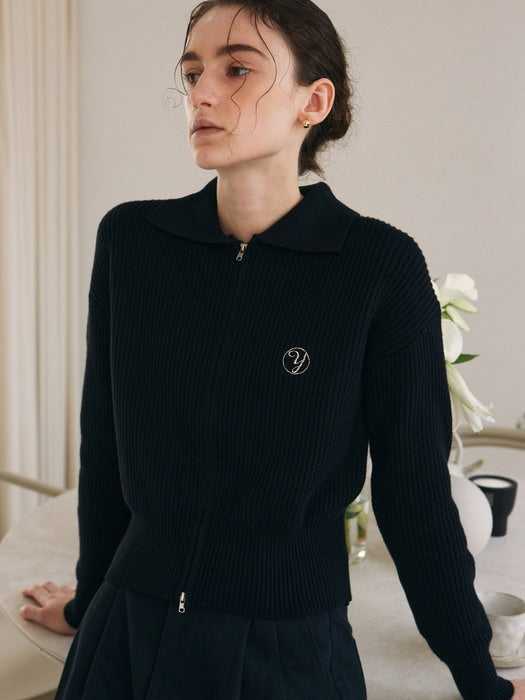 RIBBED ZIP UP KNIT COLLAR_BLACK