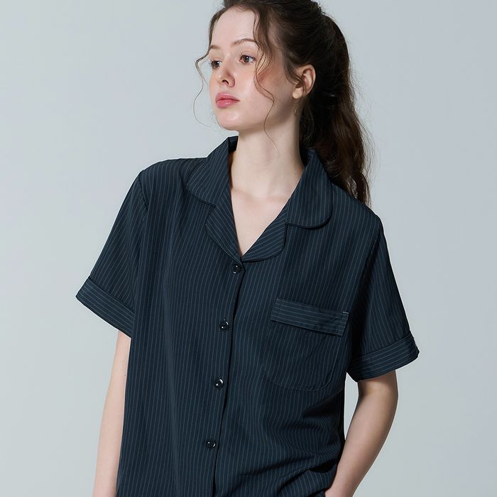 (w) Couple Mute Black Stripe Short Sleeve Pajamas Set