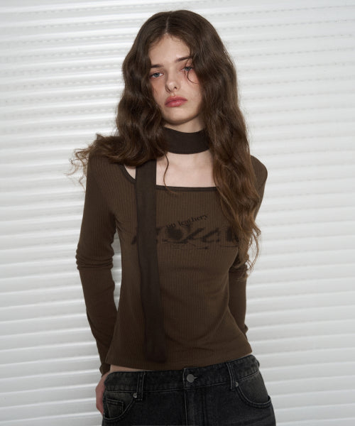 Leathery Square Neck Tie Scarf T-Shirt [KHAKI] - Size & Reviews | Musinsa