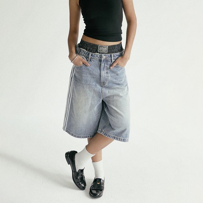 [w-jeans24-004] Billy track Bermuda jeans baggy fit. - Blue