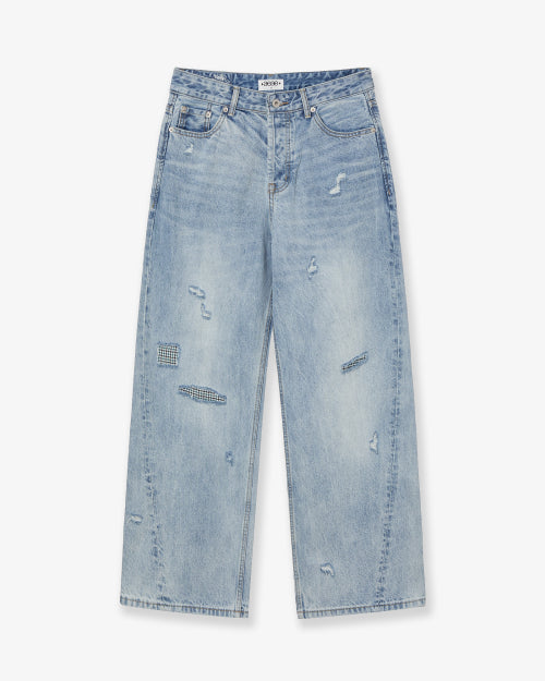 CHECK PATCHWORK DENIM PANTS [LIGHT BLUE]