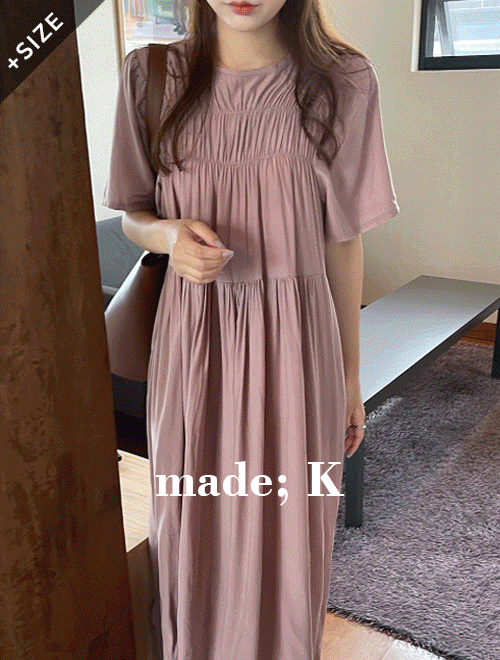 K-Club [self-made / 10,000-piece set] Fall Shirring Long Dress (Daily Look / Spring Dress / Long Dress / Shirring Dress / Short-Sleeved Dress / Cherry Blossom Look / Plus Size)