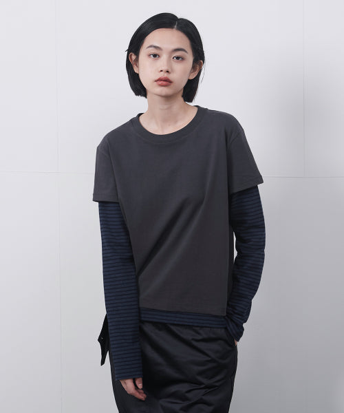レイヤードストライプTシャツ、チャコール