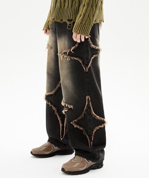 Star Appliqu챕 Distressed Denim Pants (Yellow Black)