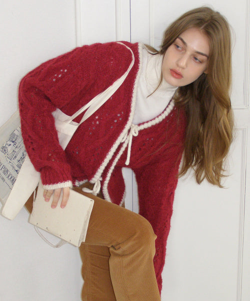 Fin Ribbon Alpaca Knit Cardigan (Deep Red)