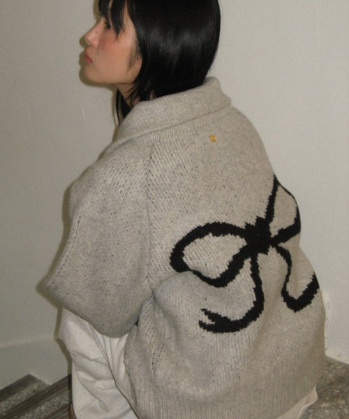 BACK HEART RIBBON COWICHAN KNIT ZIP UP GREY