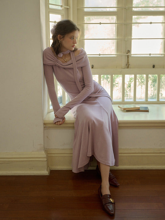 SR_Open-shoulder knit slim dress_PURPLE