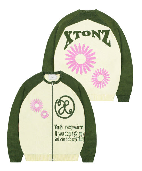 XTK073 Flower Raglan Knit Zip-up (KHAKI)