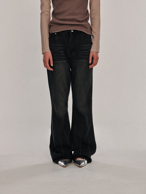One Button Line Washing Semi Bootcut Denim Pants [Black]