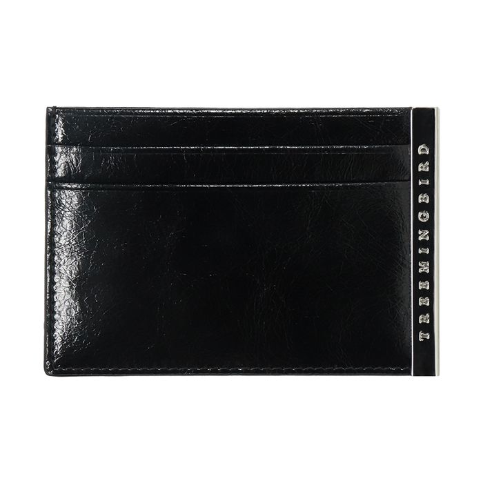 Slim Metal Bar Cowhide Leather Card Wallet [ Black ]