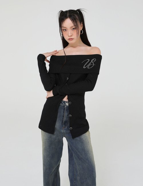 Beads Knit Off-Shoulder (Black)