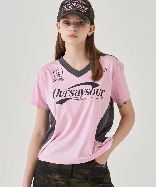 Sporty Cutout Color Block Piping Short Sleeve T-shirt Pink/Charcoal