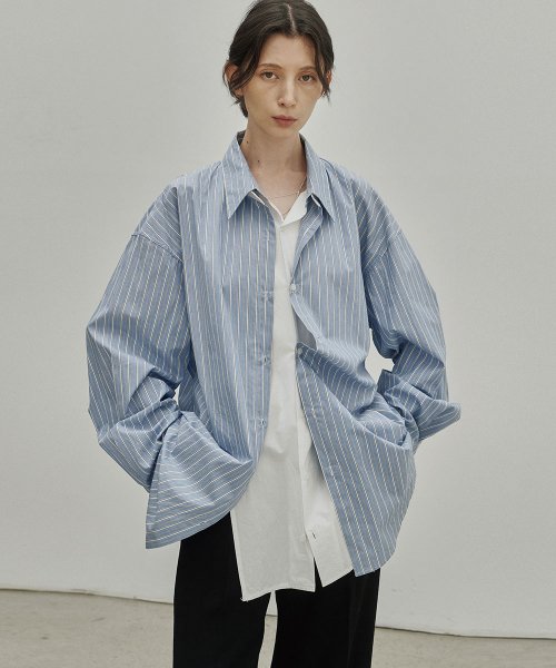 Layered Double Collar Stripe Shirt (Blue)