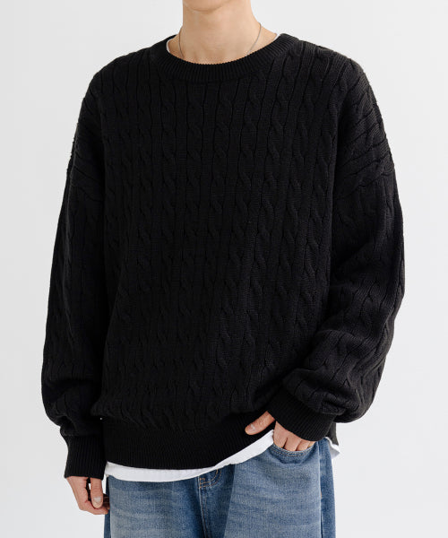 REMAIN SECOND Oversized Fit Volume Washable Crew Neck Cable Knit [Black] - Size & Review | Musinsa