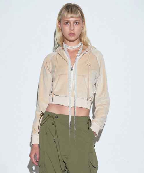 Velour Crop Zip-Up Hoodie Ballerina Nude