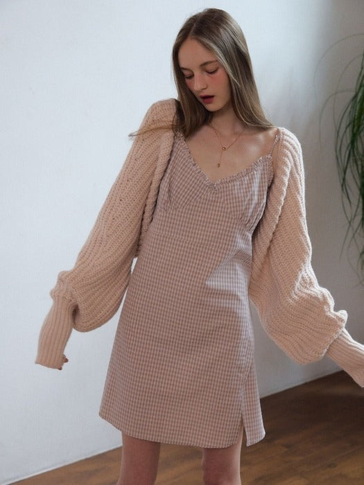 sweet slip frill mini dress_beige check