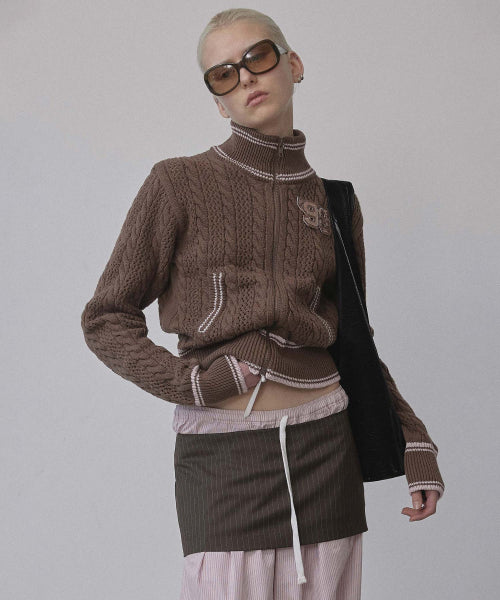 SCULPTOR Knitted Cable Track Zip-Up Brown/Pink - Size & Late | Musinsa