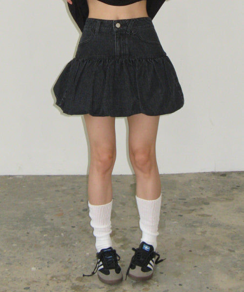 BALLOON PUMPKIN DENIM PANTSKIRT BLACK