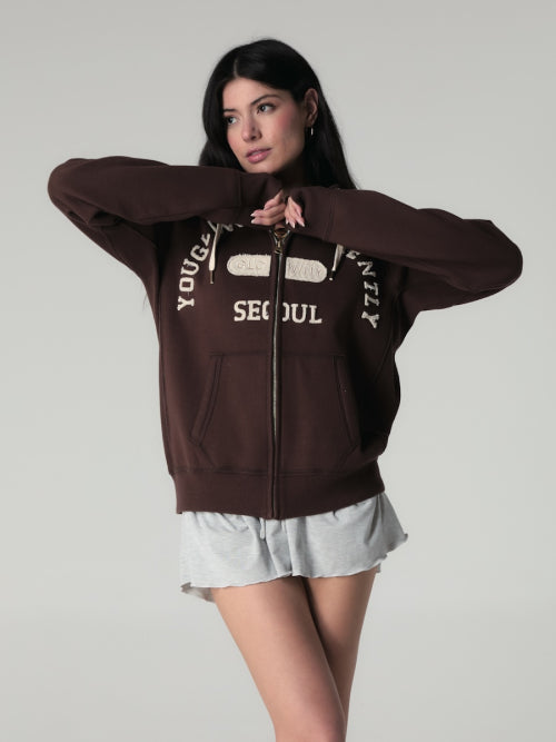 GLOWNY BOYFRIEND BOXY ZIP UP (BROWN) - Size & Review | Musinsa