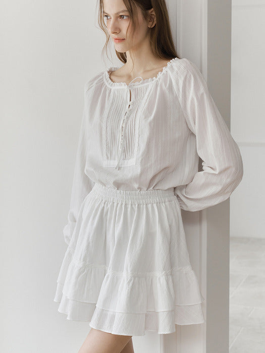 Lace Trim Tiered Banding Skirt_White