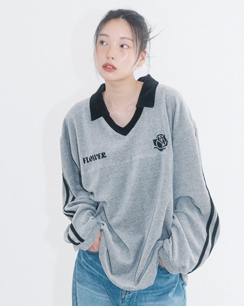 OVERSIZE VELOUR V-NECK LONG SLEEVE TEE (GREY)