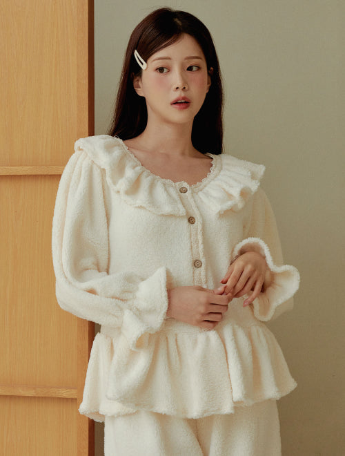 Women's fleece ruffle two-piece pajama set